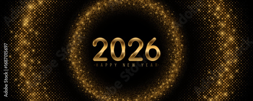 Glowing halftone glittering dots with golden shiny numbers Happy New Year 2026 on black background. Luxurious festive greeting card design for holiday party or calendar cover. Vector illustration.