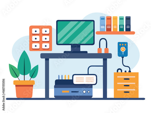 Organized home office desk setup with computer electronics and plant for productivity