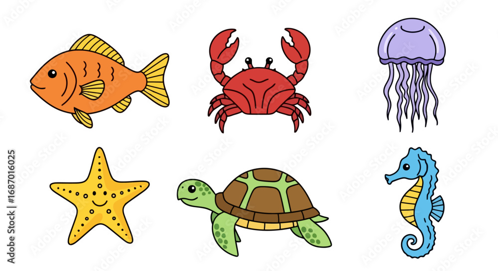 Fototapeta premium Cartoon illustration of diverse sea creatures for children's educational resources and marine themed designs, suitable for books, posters, and learning materials.