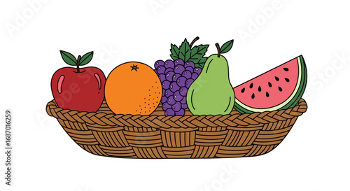 Colorful Fruit Basket Illustration Featuring an Apple, Orange, Grapes, Pear, and Watermelon. Suitable for healthy eating campaigns or graphic design projects.