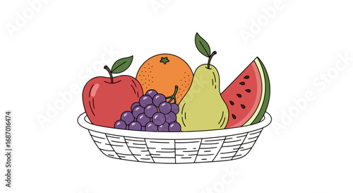 Colorful fruit basket illustration featuring fresh apple, orange, grapes, pear, and watermelon for healthy eating and nutrition awareness campaigns