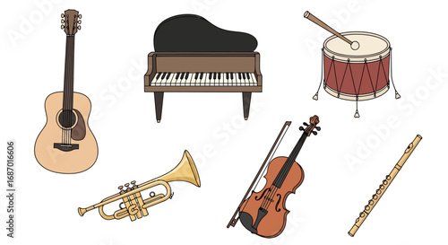 Collection of illustrated musical instruments including guitar, piano, drums, trumpet, violin, and flute for educational materials and music-related design projects.