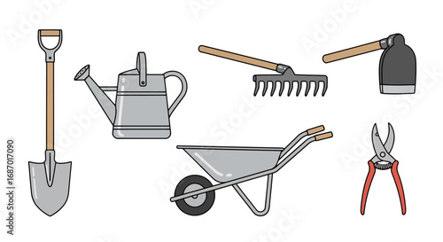 Collection of gardening tools including a shovel, watering can, rake, wheelbarrow, hoe, and pruning shears designed for gardening and landscaping projects.