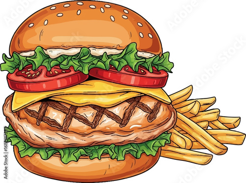 Delicious Chicken Burger with French Fries Vector Illustration