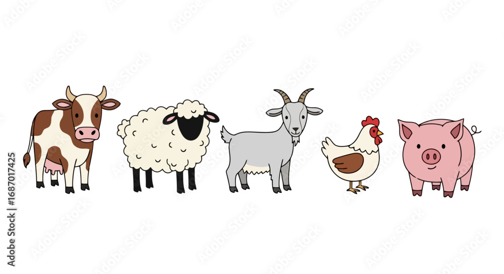 Obraz premium Farm animal illustrations featuring a cow, sheep, goat, chicken, and pig, ideal for educational materials, children's books, or agricultural themed designs.