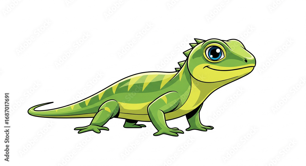 Obraz premium Cute cartoon green lizard with big eyes and a friendly smile, isolated transparent background.