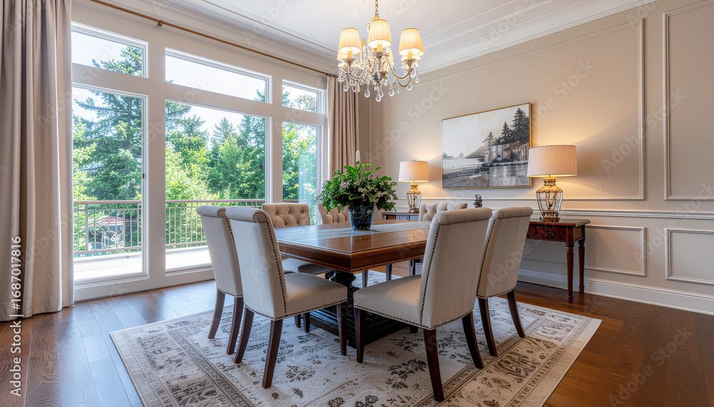 Fototapeta premium Luxury dining room with elegant wooden table, upholstered chairs, chandelier lighting, and large window view