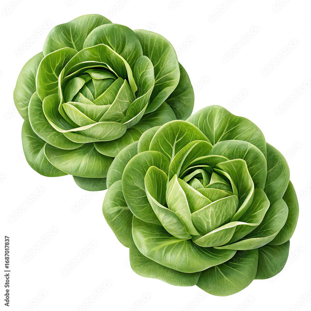 Fototapeta premium Two fresh green cabbage heads with tightly packed leaves isolated on transparent background