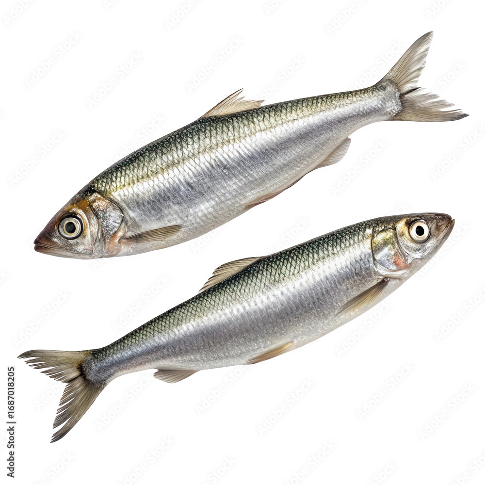 Fototapeta premium Two fresh whole small silver fish swimming in a diagonal direction isolated on transparent background