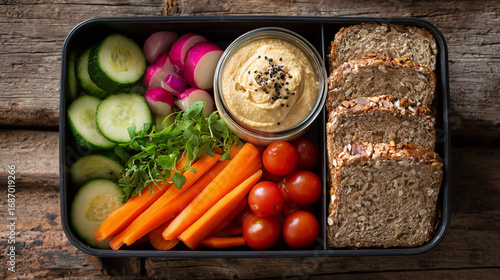 Ai fresh vegetable and hummus lunchbox with whole grain bread on a rustic wooden table