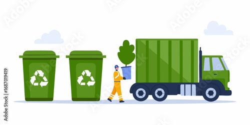 Worker in uniform carries potted plant to garbage truck next to recycling bins