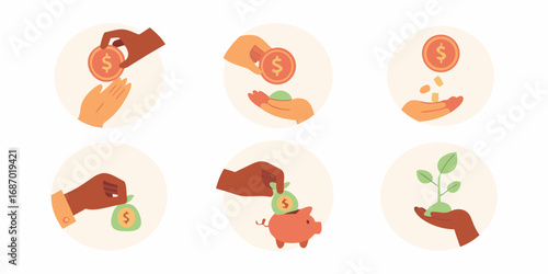 Set of six circular icons illustrating financial concepts like saving investing and growth