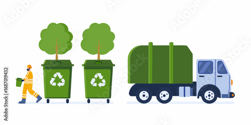 Sanitation worker with recycling bins and garbage truck symbolizing environmental cleanup and waste management
