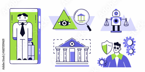 Modern flat design icons representing financial security technology and business concepts in a clean vector style