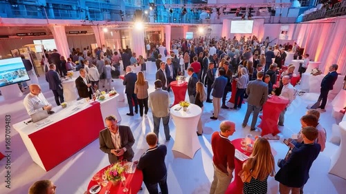 Corporate gathering: A bustling corporate event unfolds in a spacious and elegant venue, filled with the murmur of conversations, the clinking of glasses, and the networking of professionals.