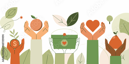 Diverse hands offer support and share resources like money fruit and a heart symbol