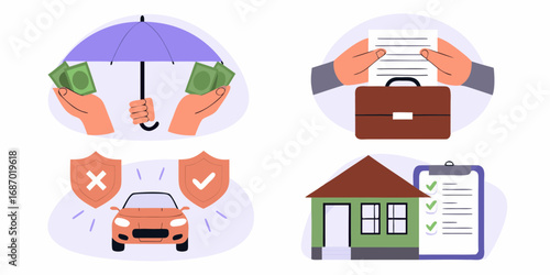 Collection of insurance concepts including financial protection car safety home security and business dealings