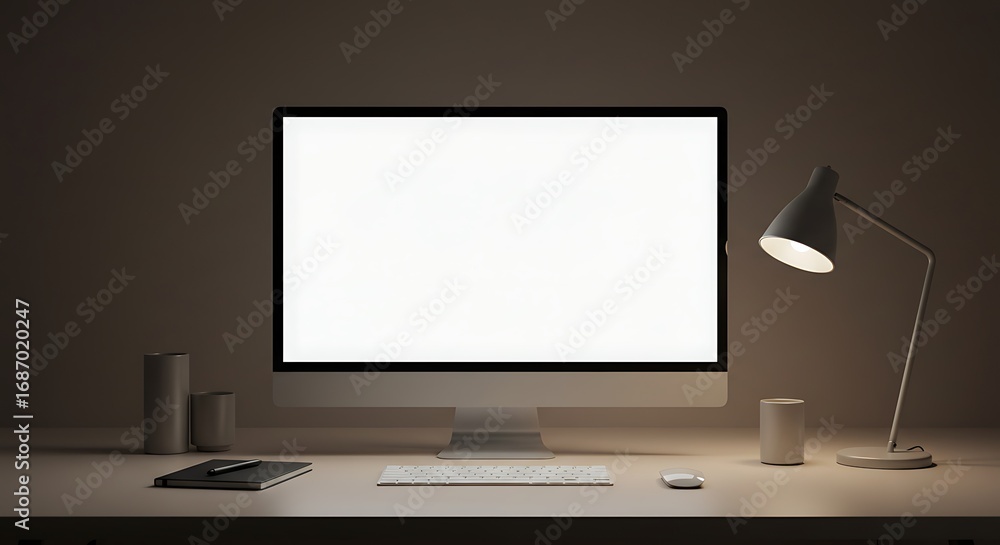 Fototapeta premium A modern desktop computer monitor with a blank white screen sits on a desk, illuminated by a sleek desk lamp, creating a focused workspace.