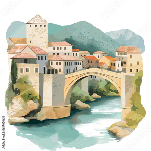Stari Most. Stari Most watercolor vector illustration