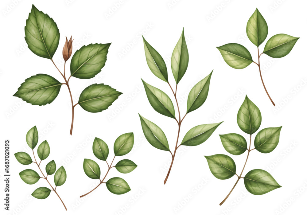 Naklejka premium Watercolor Illustration of Green Leaves on Branches Isolated Background