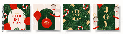 Merry Christmas and Happy New Year banners set. Trendy vector illustrations with Christmas decoration, typography design. Contemporary minimalist New Year backgrounds for card, cover, social media.