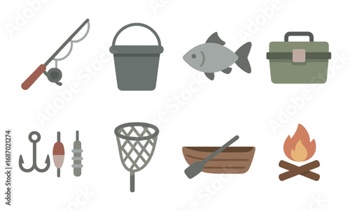 Camping essentials: backpack, hiking boots, tent, fire, compass, water bottle, map, flashlight icons