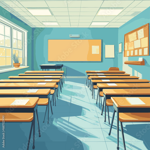 A bright and inviting classroom scene with rows of empty desks and chairs ready for learning , vector style simple color