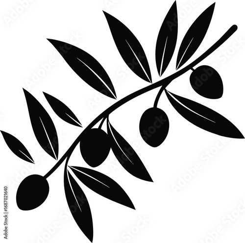 Vector illustration of an olive branch with green leaves and black olives, a symbol of fresh, healthy, Mediterranean food and agriculture
