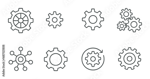 Set of eight black and gray gear and cogwheel icons on gradient background