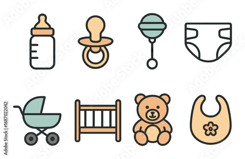 Baby care essentials icons collection with bottle pacifier diaper and toys