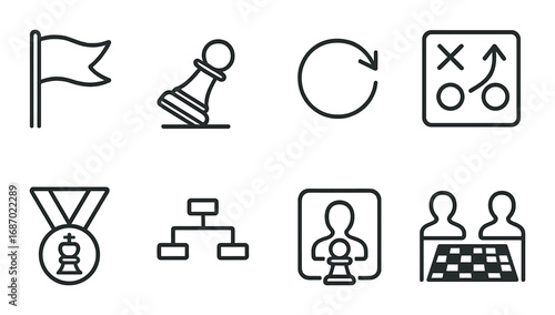 Chess strategy icons: flag, pawn, medal, tactics, hierarchy, portrait, collaboration, rotation