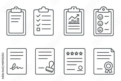 Set of clipboard icons with charts, checklists, ratings, and certificates in gray tones