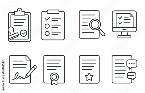 Set of 8 vector icons depicting document verification and certification
