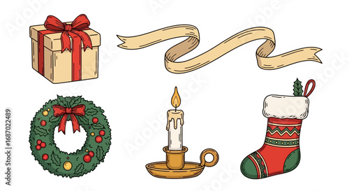 Hand-drawn christmas elements including gift box, ribbon banner, wreath, candle, and stocking for festive holiday designs. Ideal for creating greeting cards, invitations, and promotional materials.