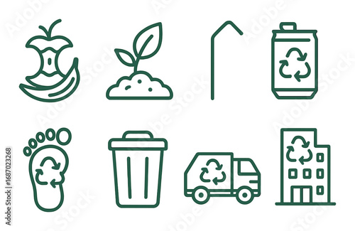 Eco-friendly icons: sustainability, recycling, waste management, green energy