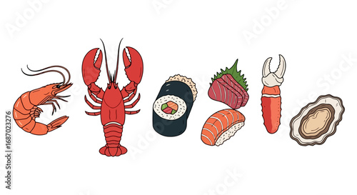 Seafood illustration featuring a variety of delectable dishes, perfect for restaurant menus and culinary art projects. This showcases fresh catches and vibrant flavors.
