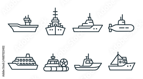 Outline icons of various naval vessels: aircraft carrier, submarine, battleship, yacht, boat, ferry