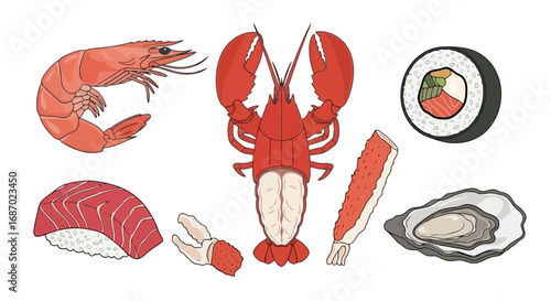 Seafood assortment illustration featuring shrimp, lobster, sushi, and oyster, suitable for culinary design, menu creation, or educational materials on marine cuisine.