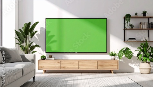 Modern Living Room Interior Design with Green Screen TV Mockup