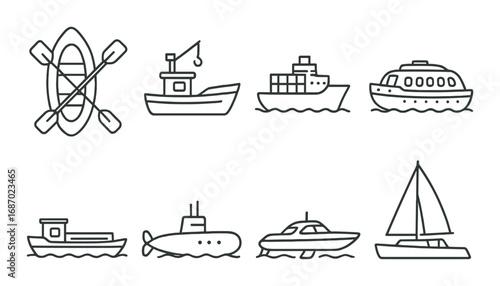 Minimalist nautical icons featuring various boats and ships in grayscale design