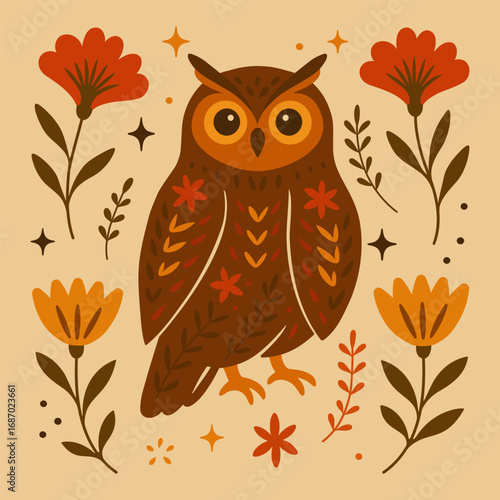Autumn Folk Art Owl Illustration. Vector illustration of a stylized owl decorated with folk art patterns, in warm autumn colors of orange, ochre, and brown