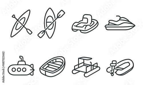 Monochrome outline of various watercrafts including kayak, raft, submarine, and speedboat