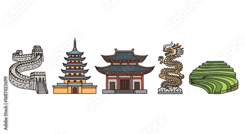 Illustration of Iconic Chinese Landmarks and Symbols for Travel Brochures and Educational Materials Highlighting Chinese Culture and Heritage.