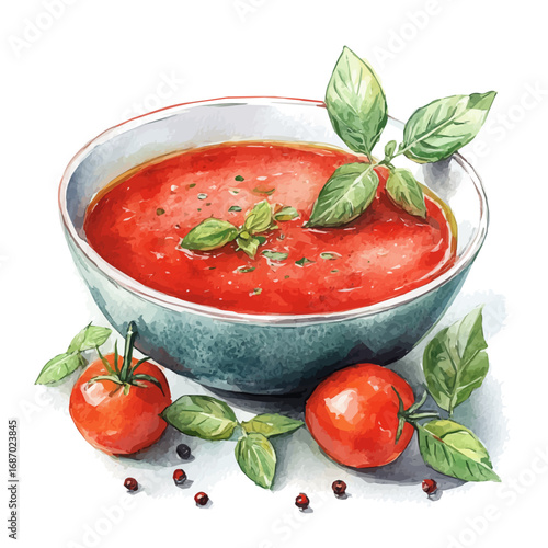 Tomato Soup, watercolor illustration vector, isolated on a white background.