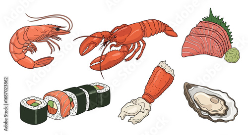 Fresh seafood assortment illustration featuring lobster, shrimp, sushi, oyster, and sashimi. Perfect for restaurant menus, food blogs, and culinary design projects.