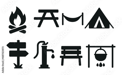 Outdoor camping symbols: campfire, tent, signpost, water pump, bench, cooking pot
