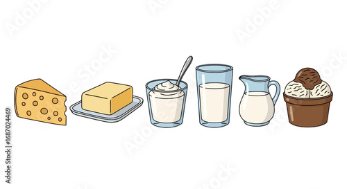 Cartoon illustration of various dairy products, including cheese, butter, yogurt, milk, and ice cream, on a white background. Ideal for illustrating healthy eating, food education, or recipe blogs.
