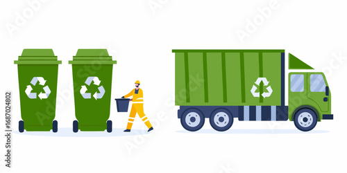 Sanitation worker in uniform collecting trash from green recycling bins next to a garbage truck