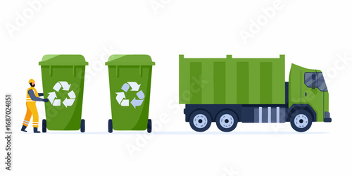 Sanitation worker in uniform moves green recycling bins towards a green garbage truck on a white background