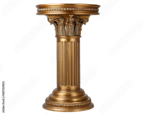 Luxurious golden pedestal with ornate trim, classical column design, and intricate detailing, perfect for elegant interior decor or displaying art in sophisticated setting